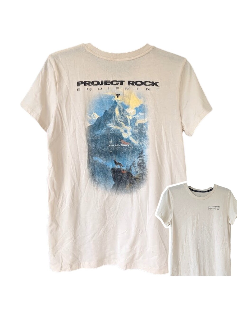 Under Armour Project Rock T-Shirt Mens Small Cream Trust The Journey Tee 18x25.5